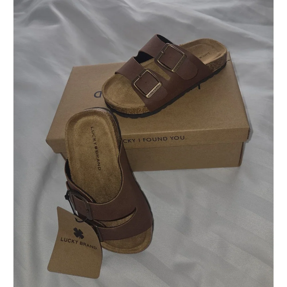 Lucky Brand Blanc Kids Brown Dual Strap Buckle Slide Sandals Size 2
